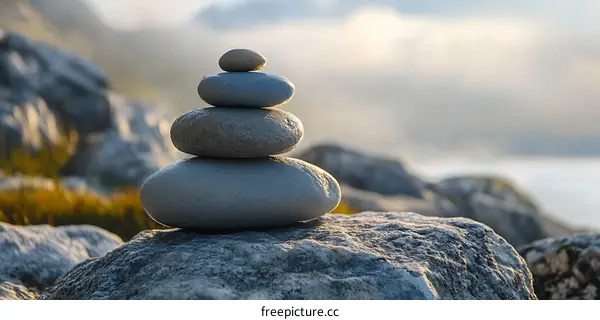 Stones Balanced on Top of a Rock With a Misty Background