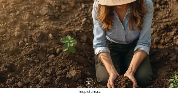 A woman is holding a handful of soil with a small plant growing nearby