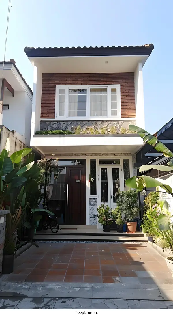 Two Story House Exterior With Brick Wall And Plants