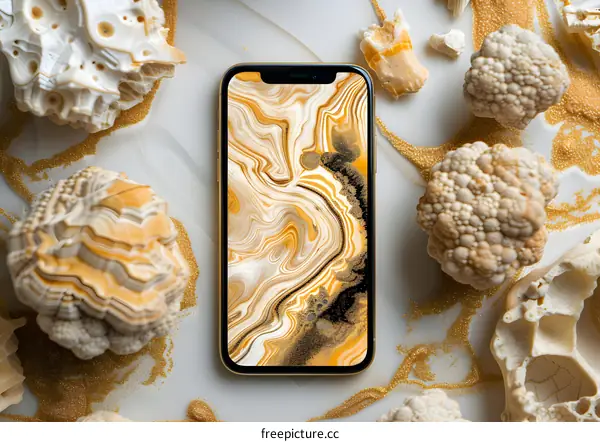 Golden Marble Phone Background with White and Beige Rocks