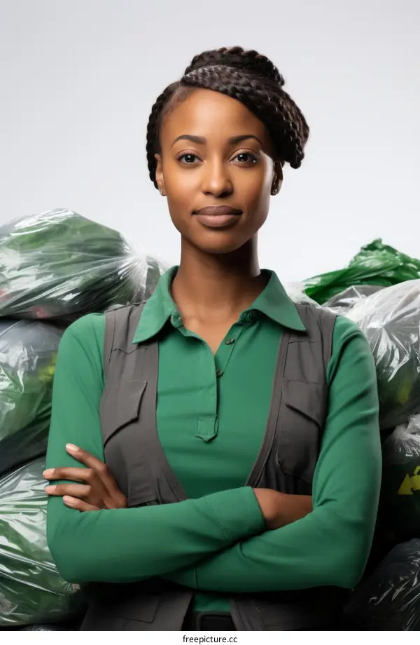 Black female recycling worker in front of piles of green recycling bags