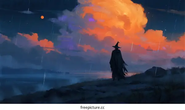 A lone witch stands on a hill under a vibrant cloudy sky at dusk