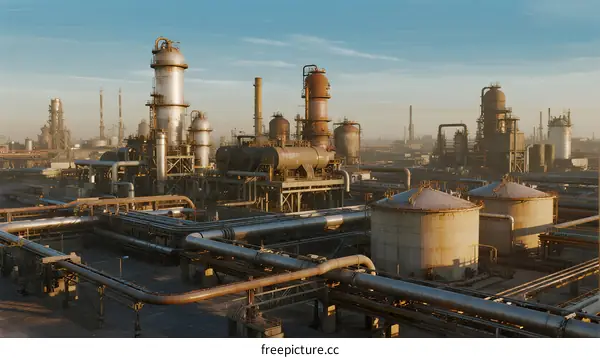Large industrial petrochemical refinery with numerous pipes and towers