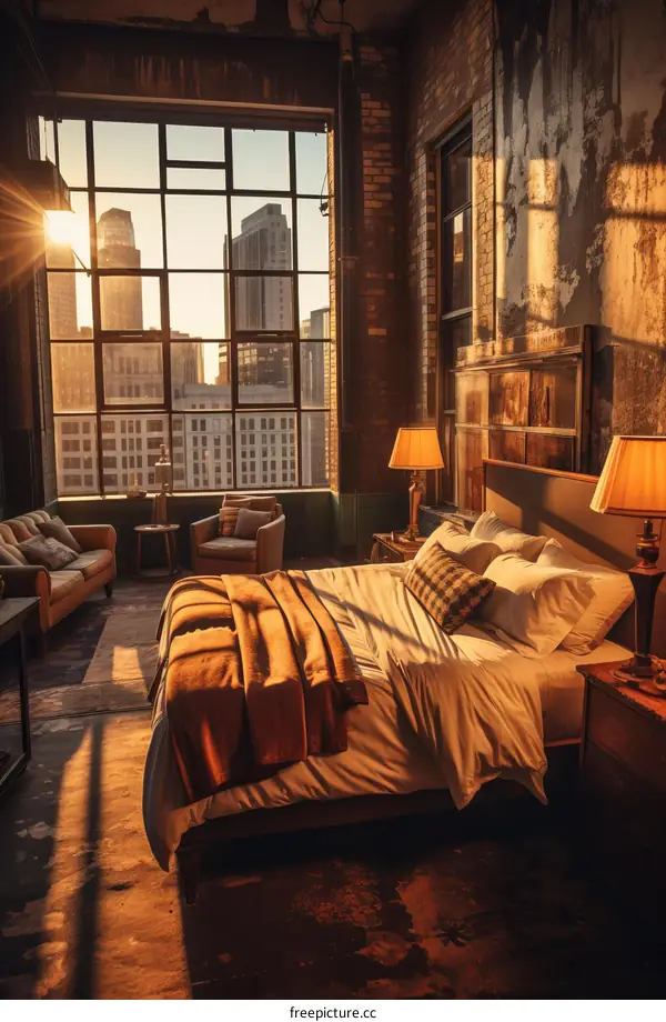 Cozy bedroom with a view of the city