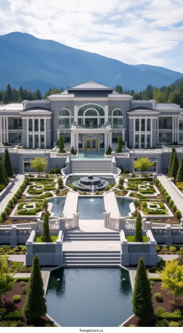 A magnificent mansion with a beautiful garden and fountain