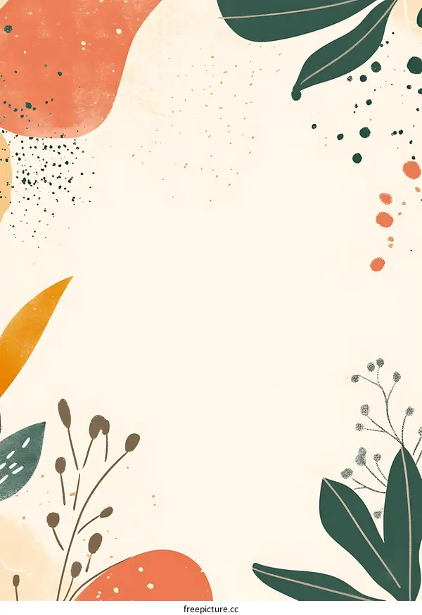 Abstract Beige Background with Green and Orange Floral Elements