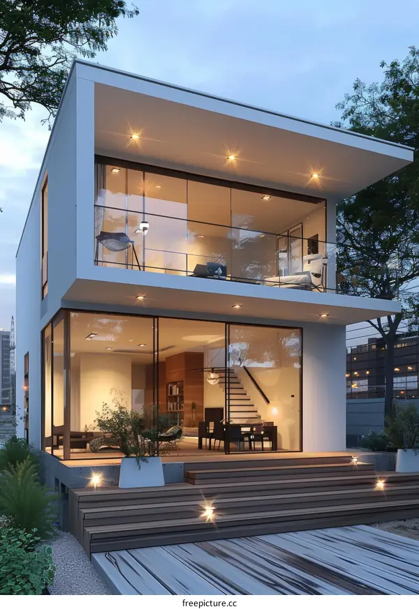 Modern house exterior with large glass windows