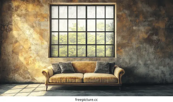 Rustic Industrial Interior Living Room with Large Window