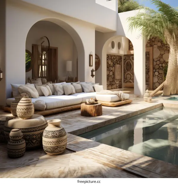 Middle Eastern style courtyard with swimming pool