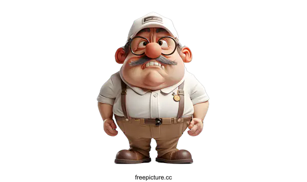 [Transparent Background PNG]Cartoon Character Illustration of a Grumpy Man with White Shirt and Brown Pants