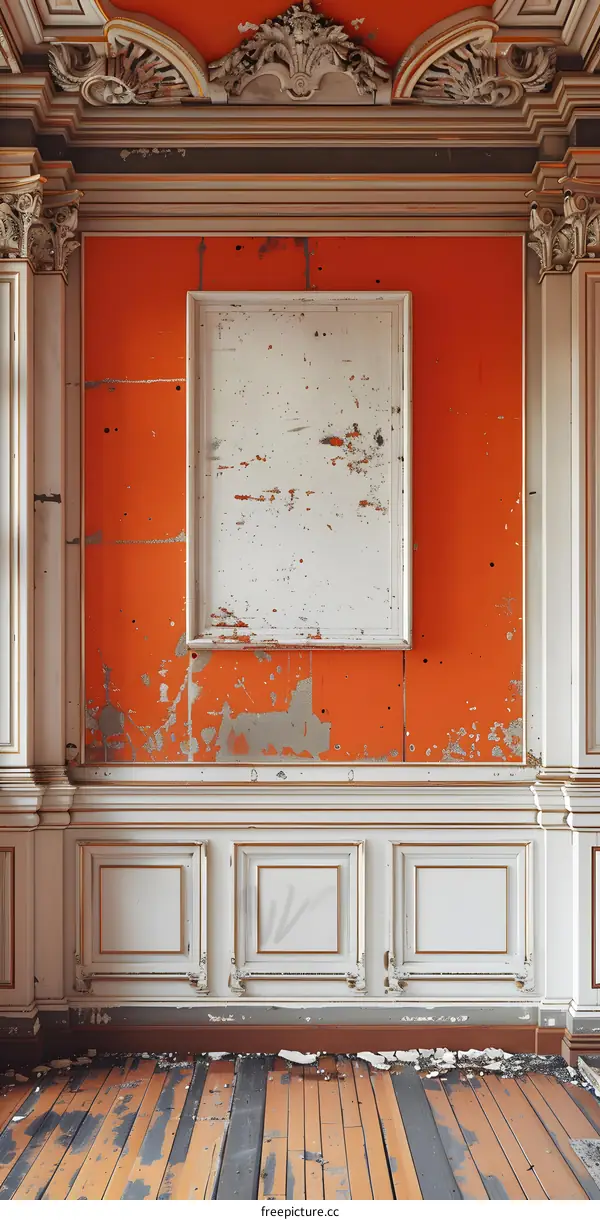 Vintage Interior Design With Worn Wood Floor and White Trim