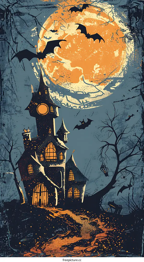 Haunted House with Bats and Moon Illustration
