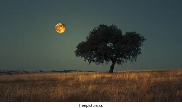 Solitary Tree Silhouetted Against the Full Moon