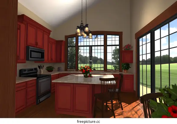 Modern Kitchen Interior Design With Red Cabinets And A Large Window