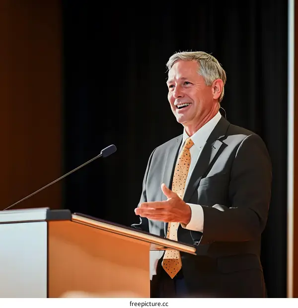 Smiling Speaker Giving a Speech at a Conference