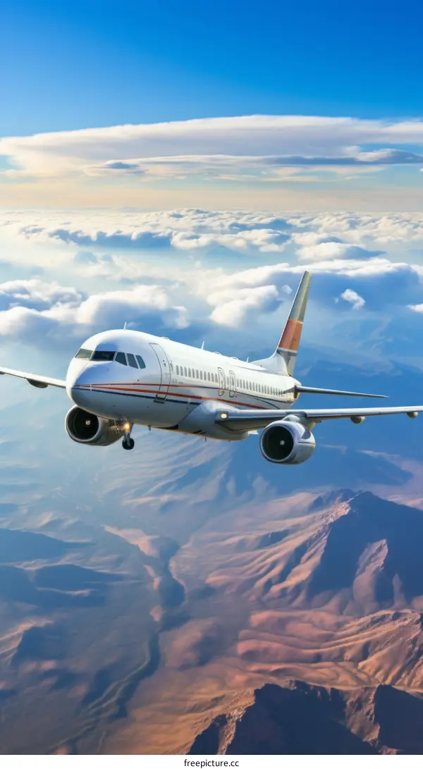 An airplane is flying over the mountains.