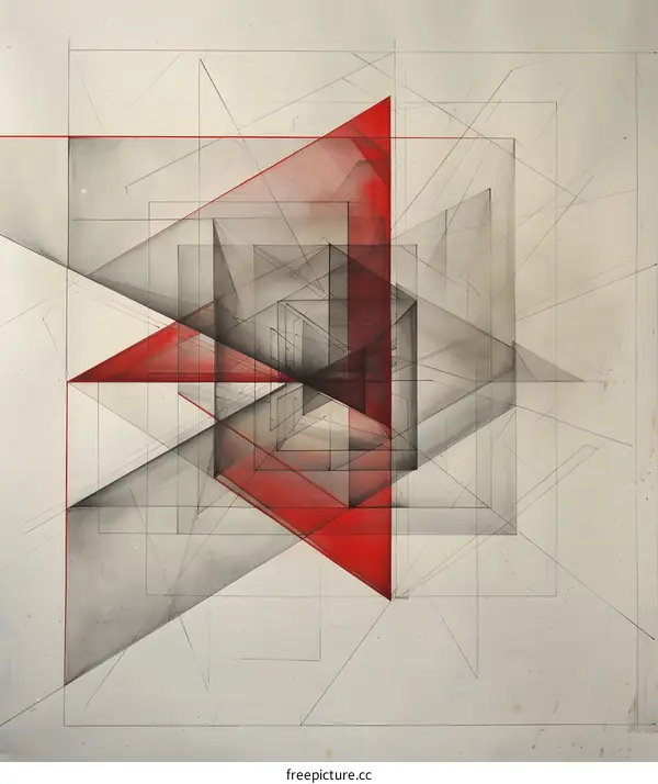 Abstract Geometric Drawing with Red and Grey Lines