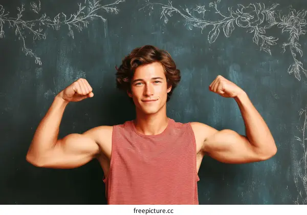 Young Man Flexing Biceps Against Chalkboard Background