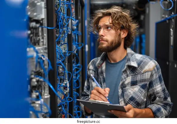 Caucasian Technician Inspecting Server Room