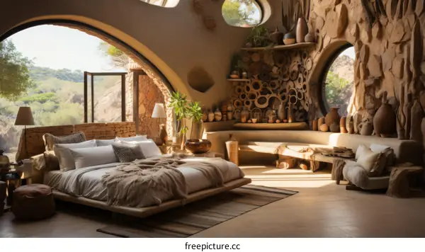 Earthen interior of a luxury bedroom with a large bed and a seating area