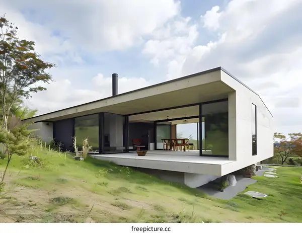 Modern Concrete House with Large Windows and Patio