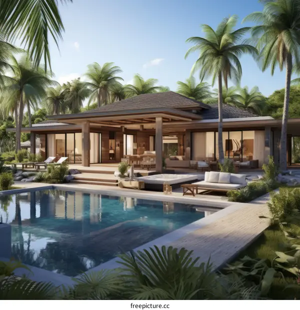 3D rendering of a luxury villa with a pool