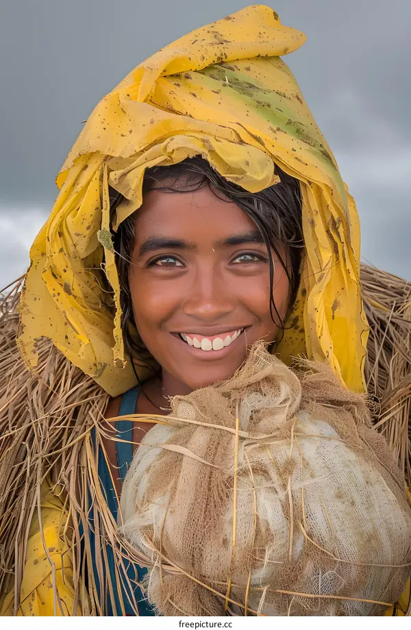 Portrait of a Smiling Young Indian Woman Wearing a Yellow Sari and Holding a Net