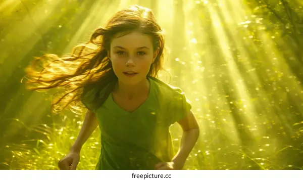 Girl running through a field of tall grass