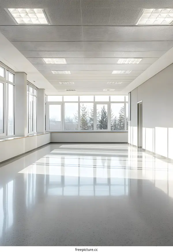 Empty Office Space With Large Windows and Light Floor