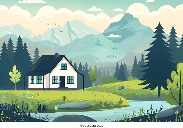 Mountain Cabin Illustration with River and Forest