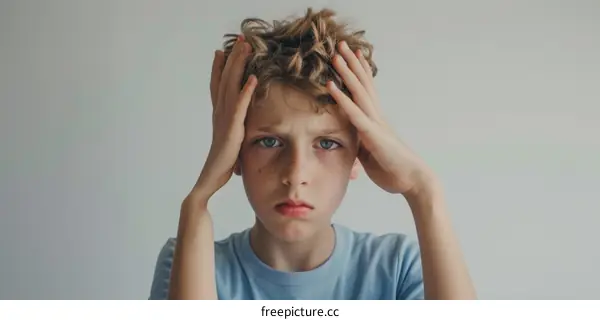 Portrait of a boy with freckles holding his head in his hands