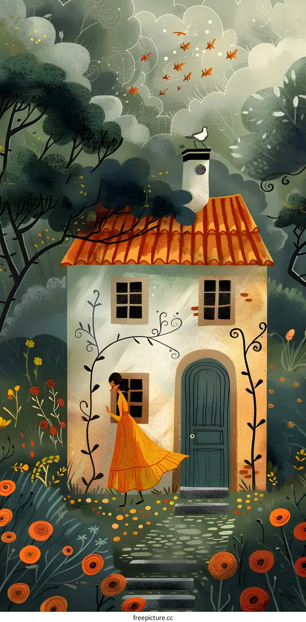 A girl in a yellow dress standing in front of a cottage