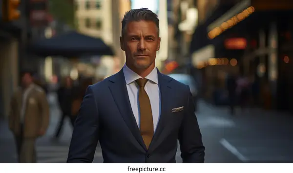 A man in a suit standing in a city street