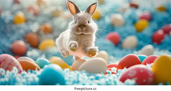 Adorable Bunny Leaping Over Vibrant Easter Eggs
