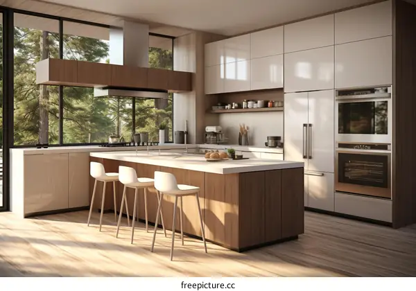 Modern Kitchen Design with Large Windows and Wooden Cabinets
