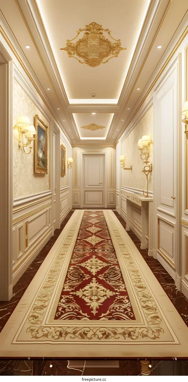 Luxury Interior Hallway With Red And Gold Carpet