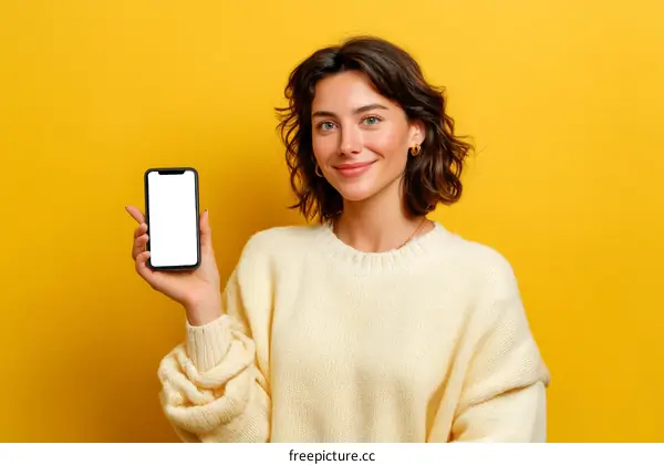 Smiling Woman Holding a Blank Smartphone on a Yellow Background