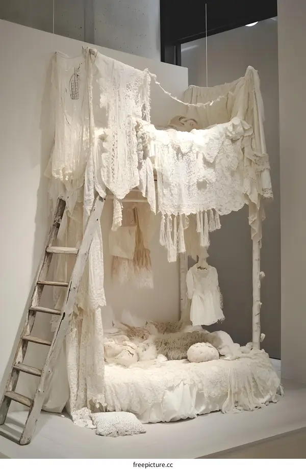 White Lace Canopy Bed with Wooden Ladder