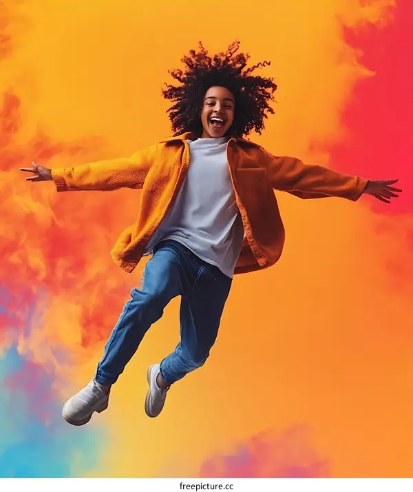 African American Teenager Girl Jumping With Joy in a Colorful Studio