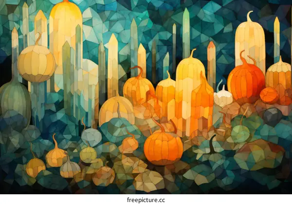 A mosaic of pumpkins and gourds in a blue and green background