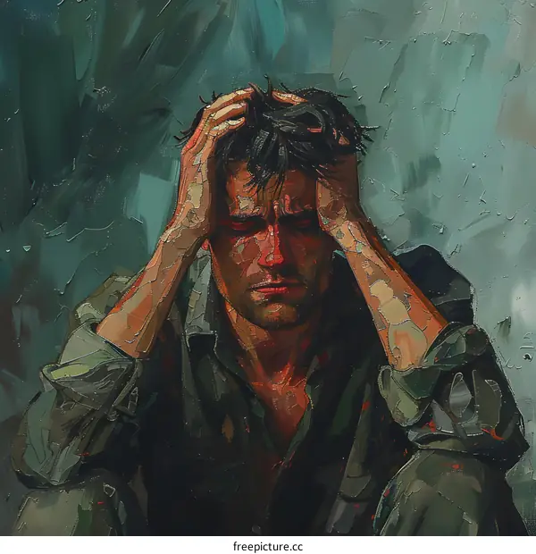 A man in a green shirt is holding his head in his hands