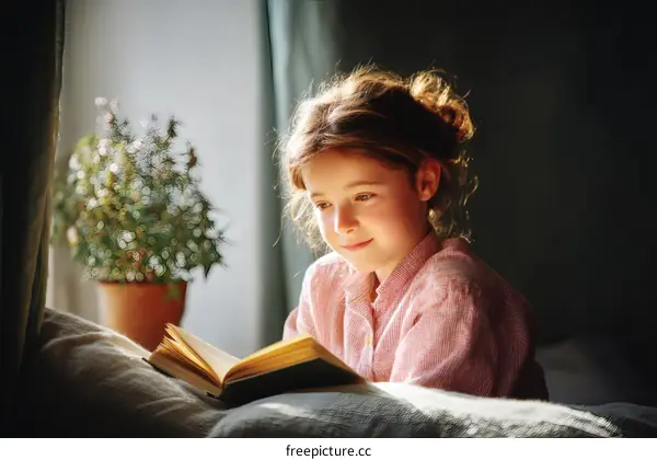 Girl Reading a Book in Sunlight