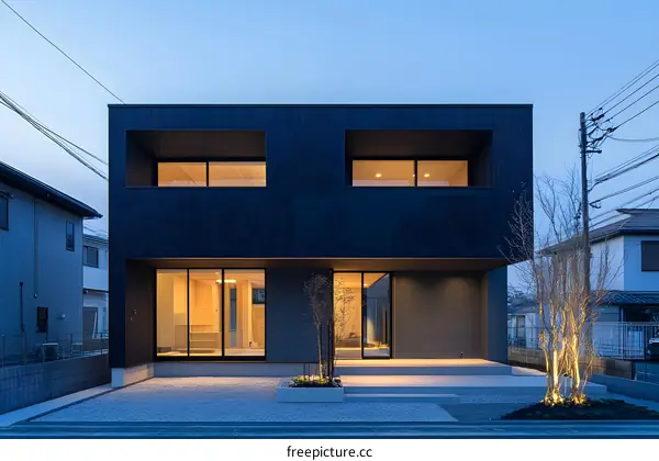 Modern Black House with Large Windows and Natural Stone Pathway