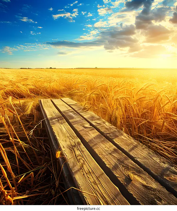 Sunset Over a Wheat Field With a Wooden Plank Path
