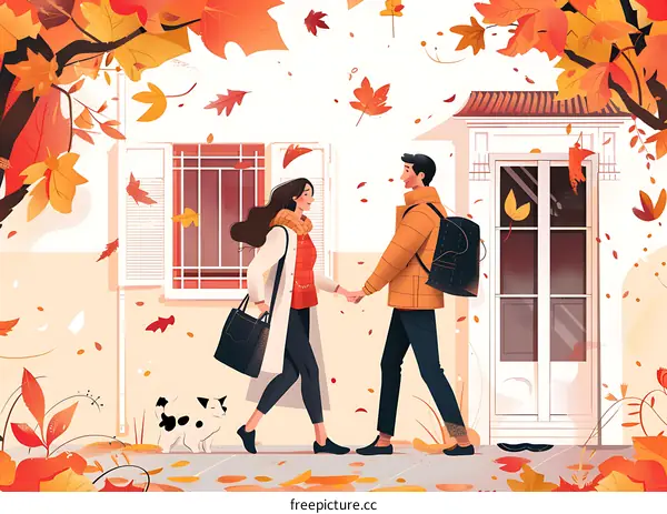 Couple Walking in Autumn with Dog