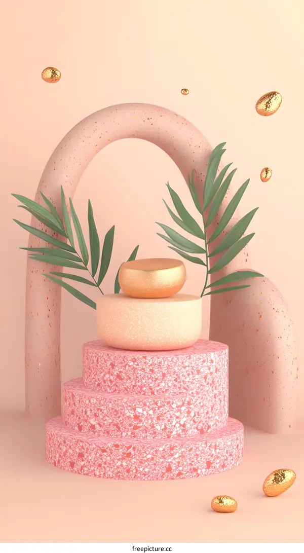 Abstract 3D Minimalist Pink And Gold Geometric Shapes With Palm Leaves