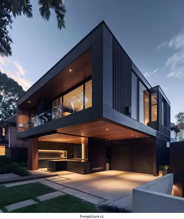 Modern Black House with Wooden Accents and a Large Patio