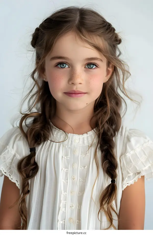 Portrait of a Young Girl with Braids and Freckles