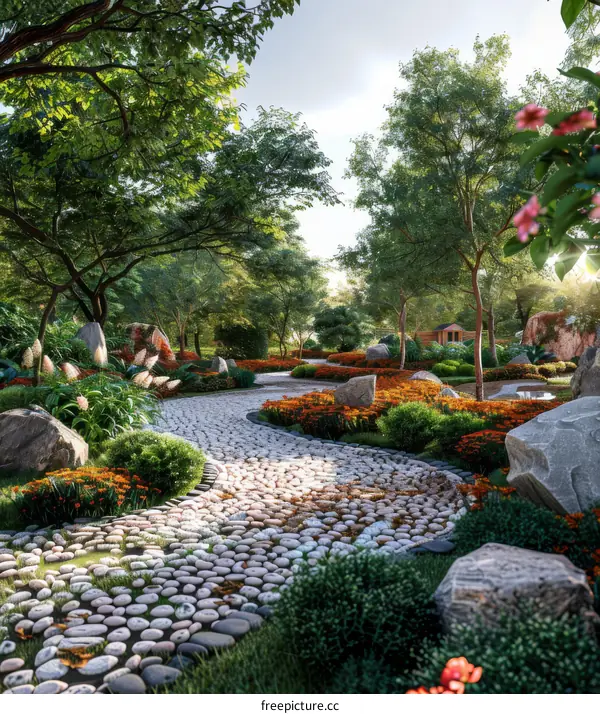 Japanese Zen Garden with Stone Pathway and Minimalist Landscape