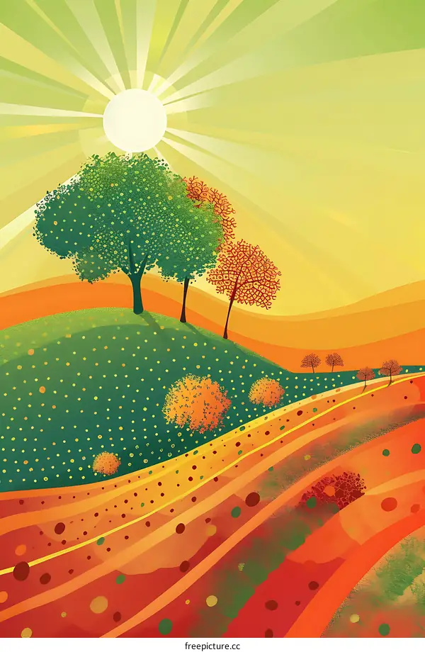 Autumn Landscape with Sun Rays and Green Trees